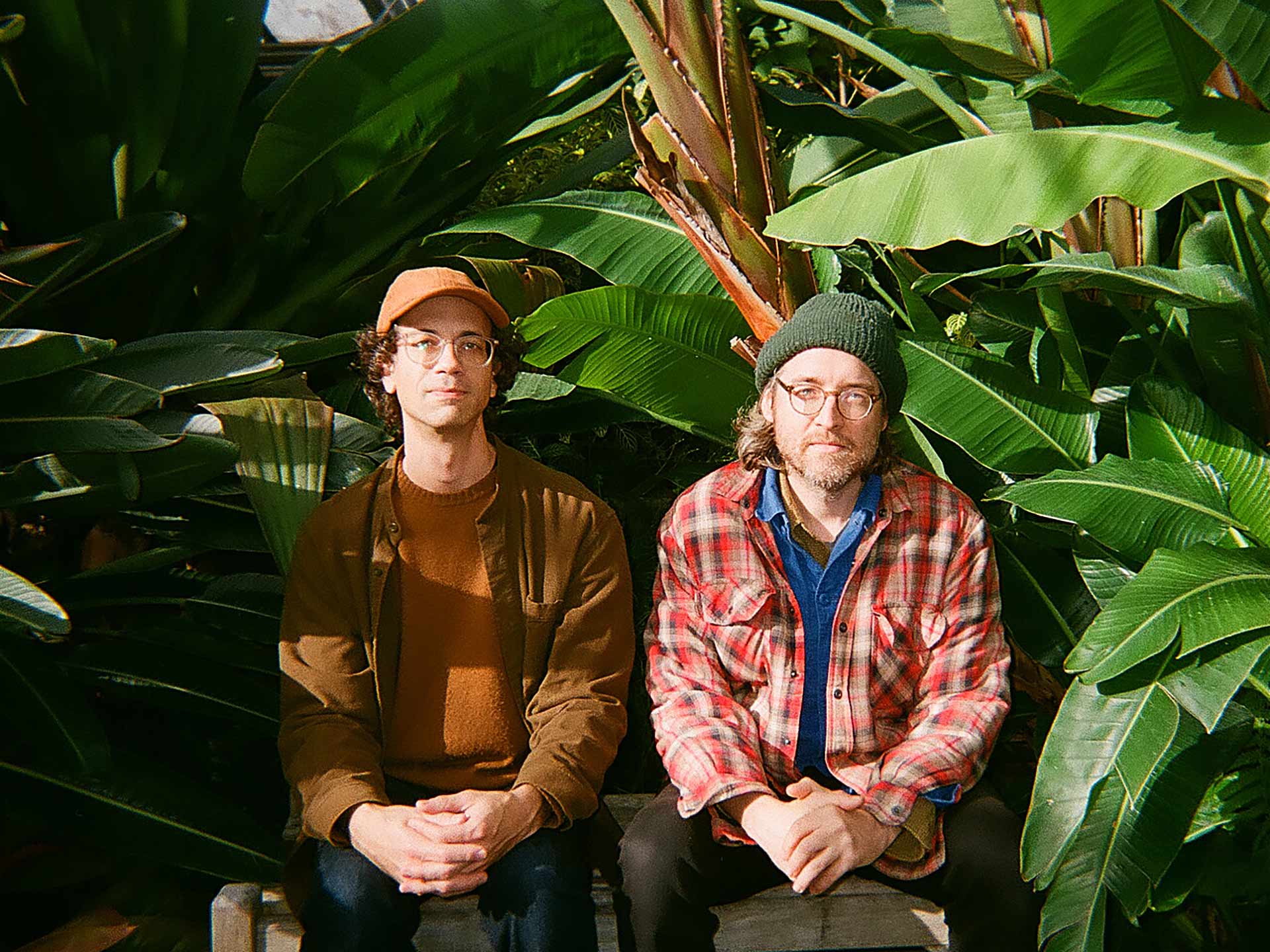 Bruce Willen and Albert Birney, two white men with glasses, hats, and medium length hair sit amidst large tropical plant leaves.