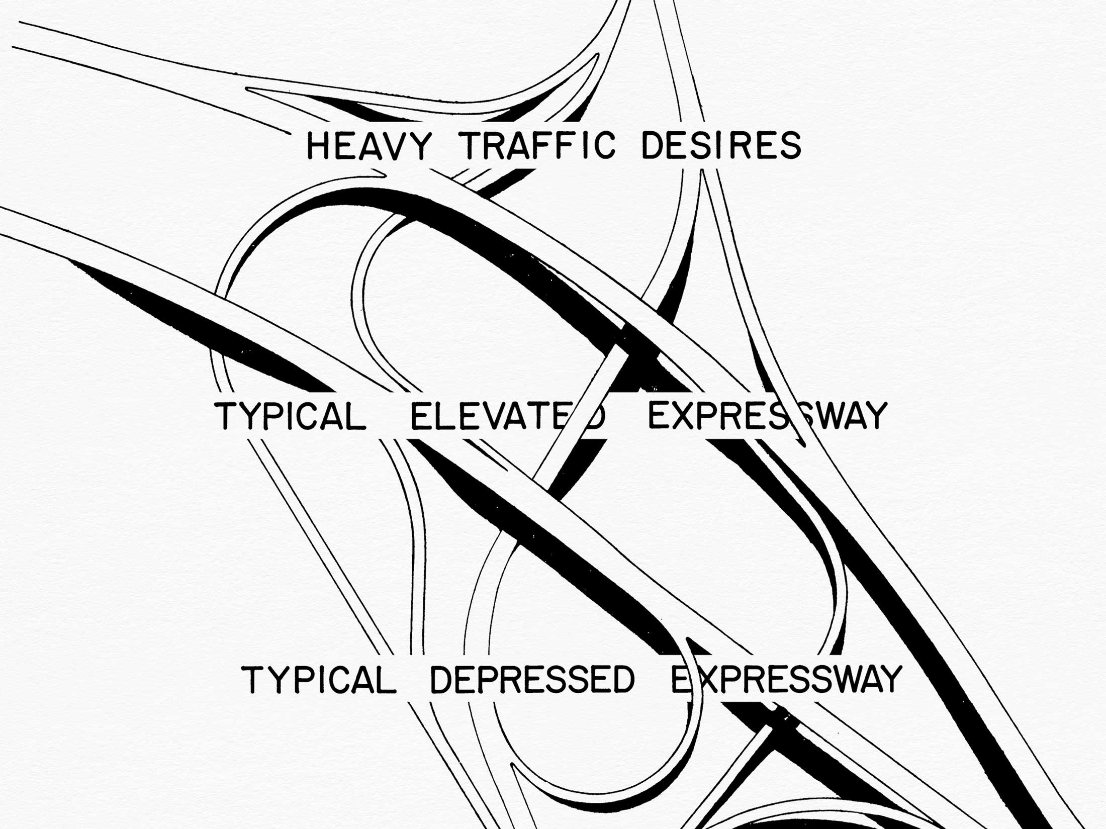 Black and white plan drawing of a highway interchange interwoven with draftsman text that reads Heavy traffic desires, typical elevated expressway, typical depressed expressway