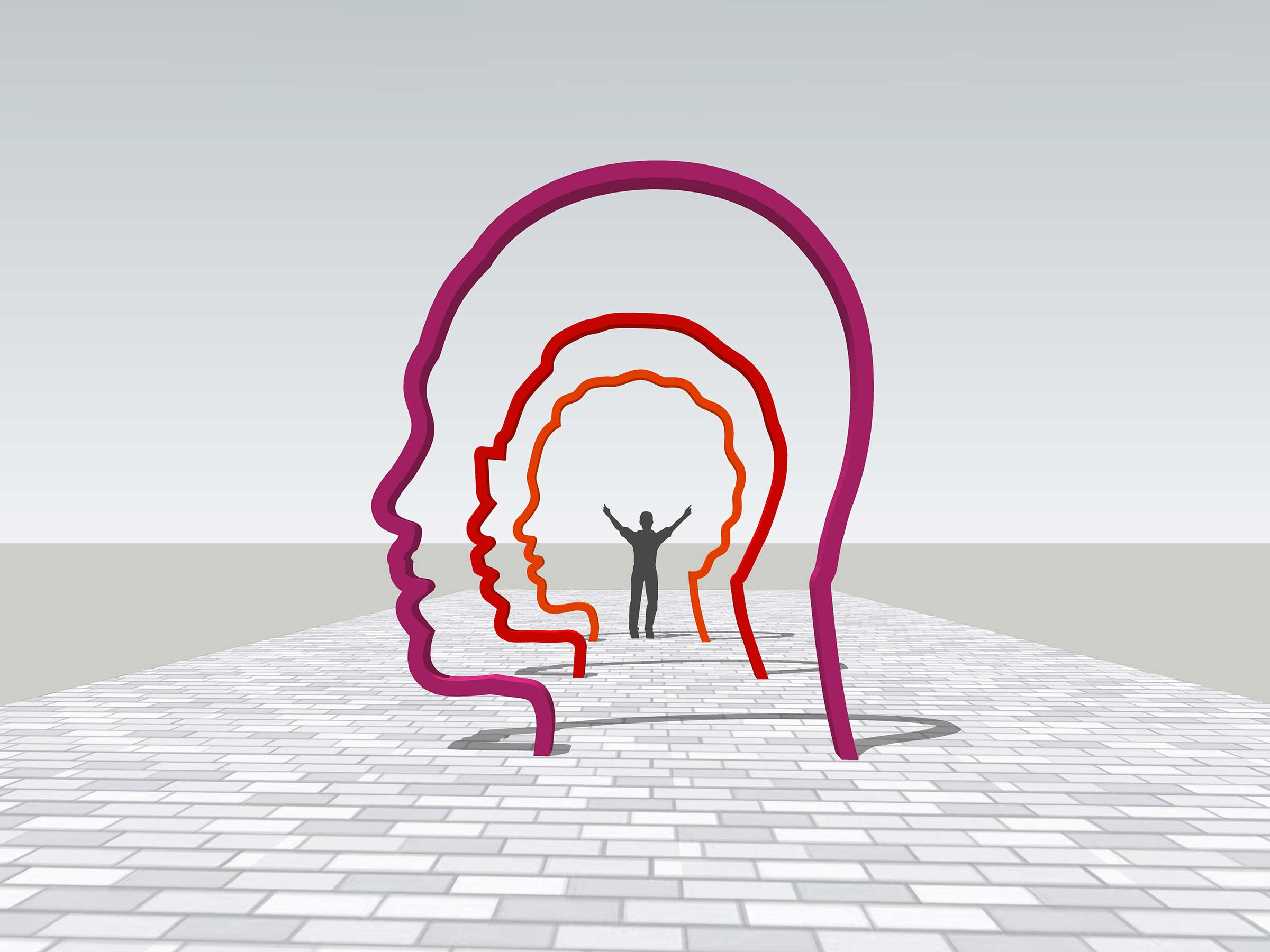 A man stands under three 12-foot-tall silhouette portrait archways in a colorful gradient of orange, red, and purple.