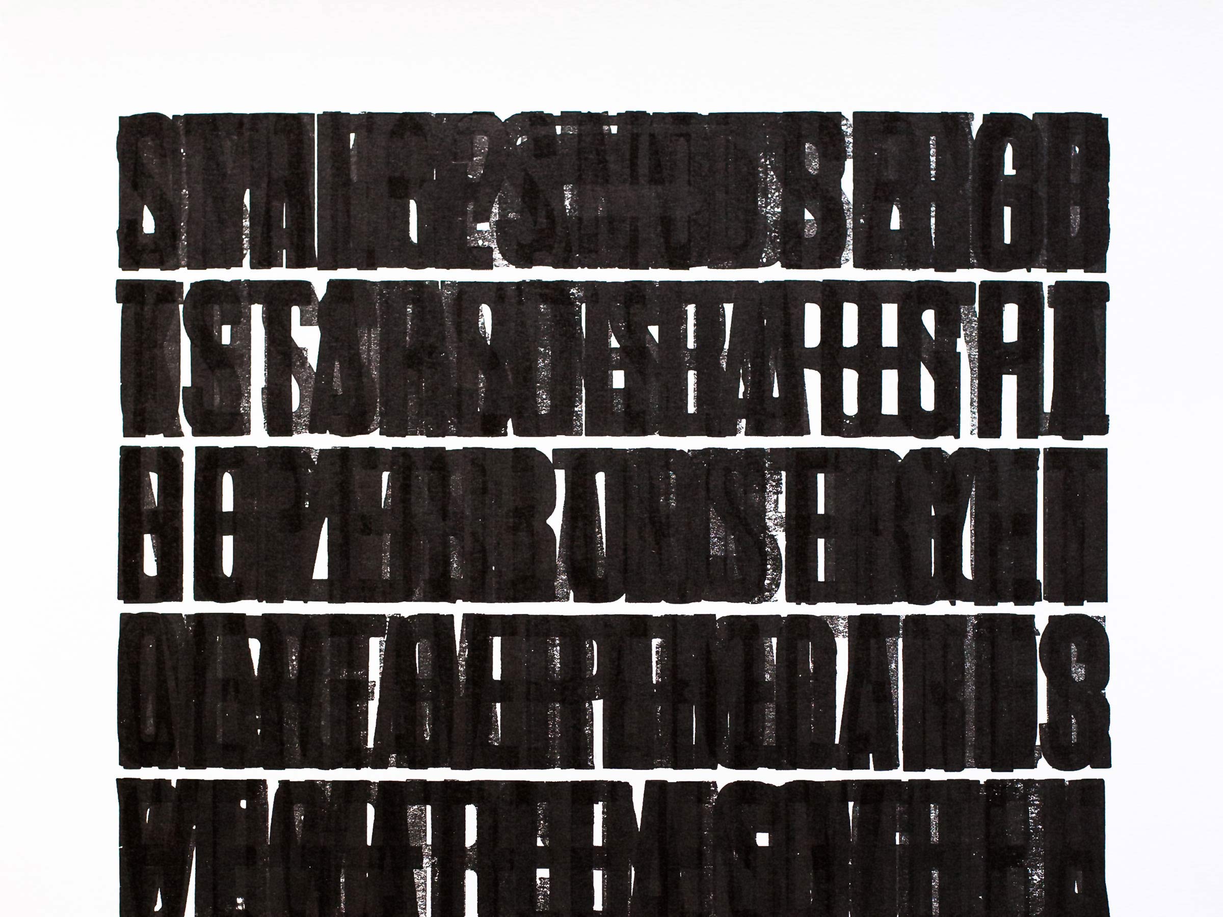 A letterpress print with all of the lyrics to the Star Spangled Banner overprinted onto themselves in dense black bars