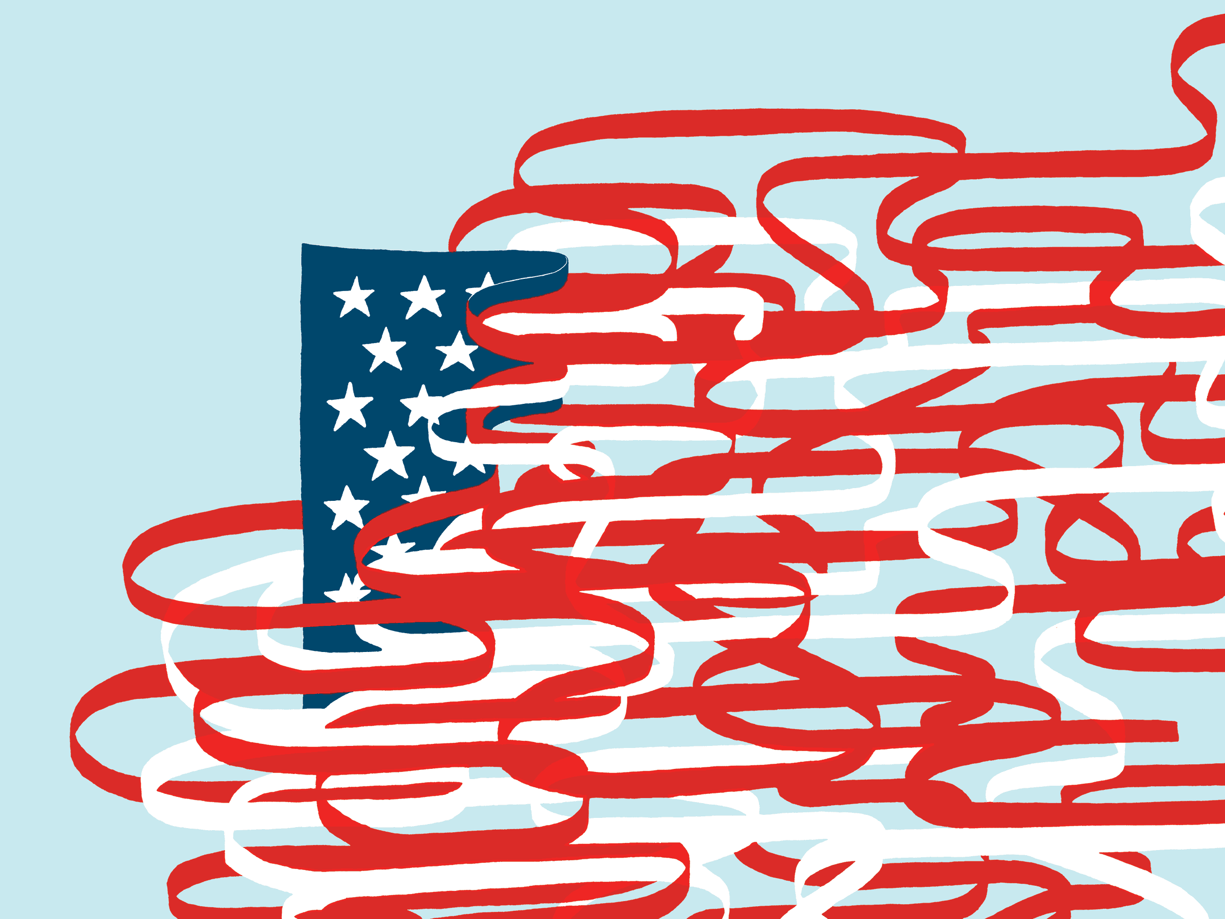 Through the Perilous Fight. A colorful screenprint of a tangled, snakelike, many-striped American flag