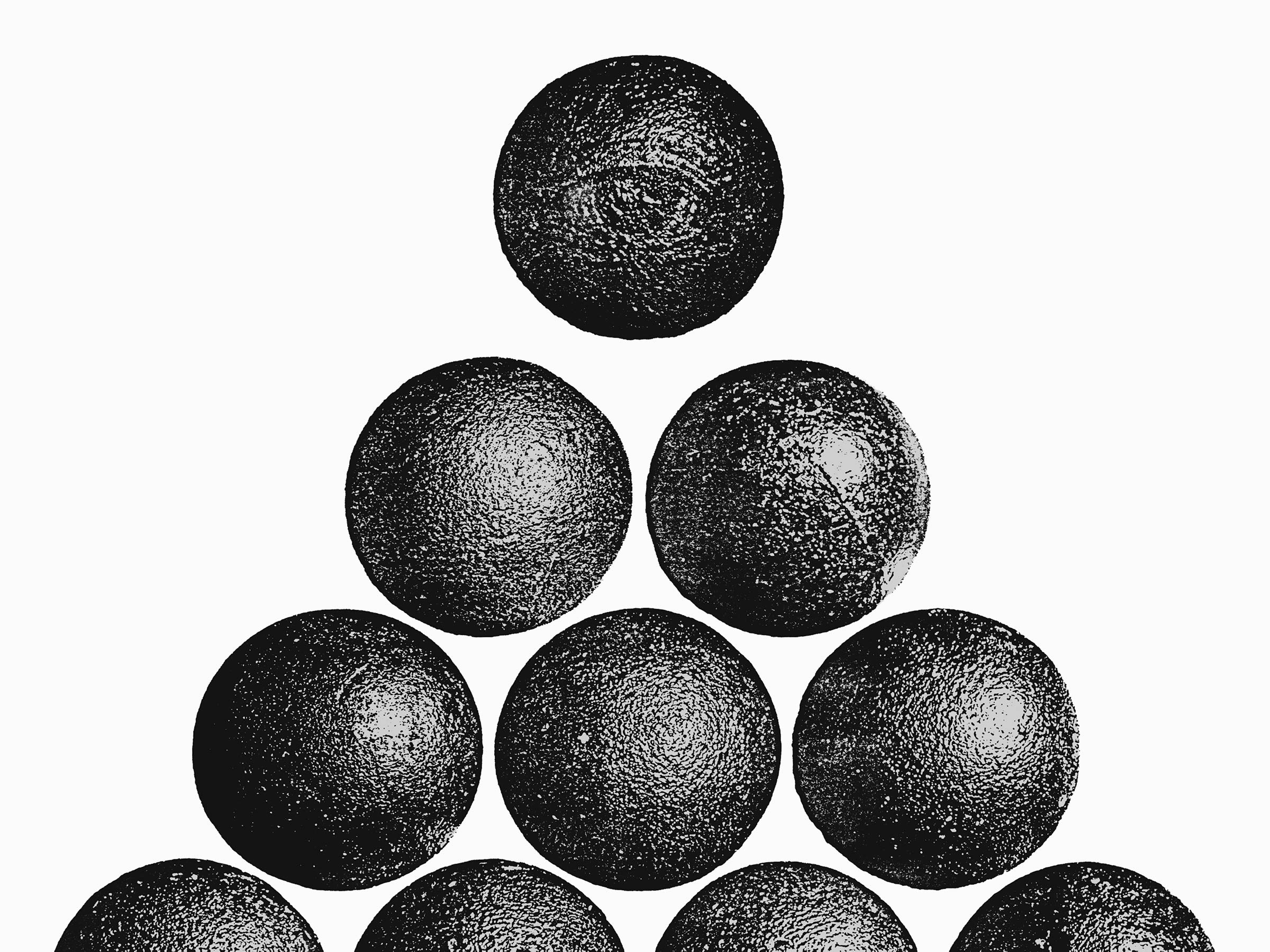 Twilights Last Gleaming. A two-color screenprint of a stack of cannonballs, with the Eye of Providence hidden in the top cannonball.