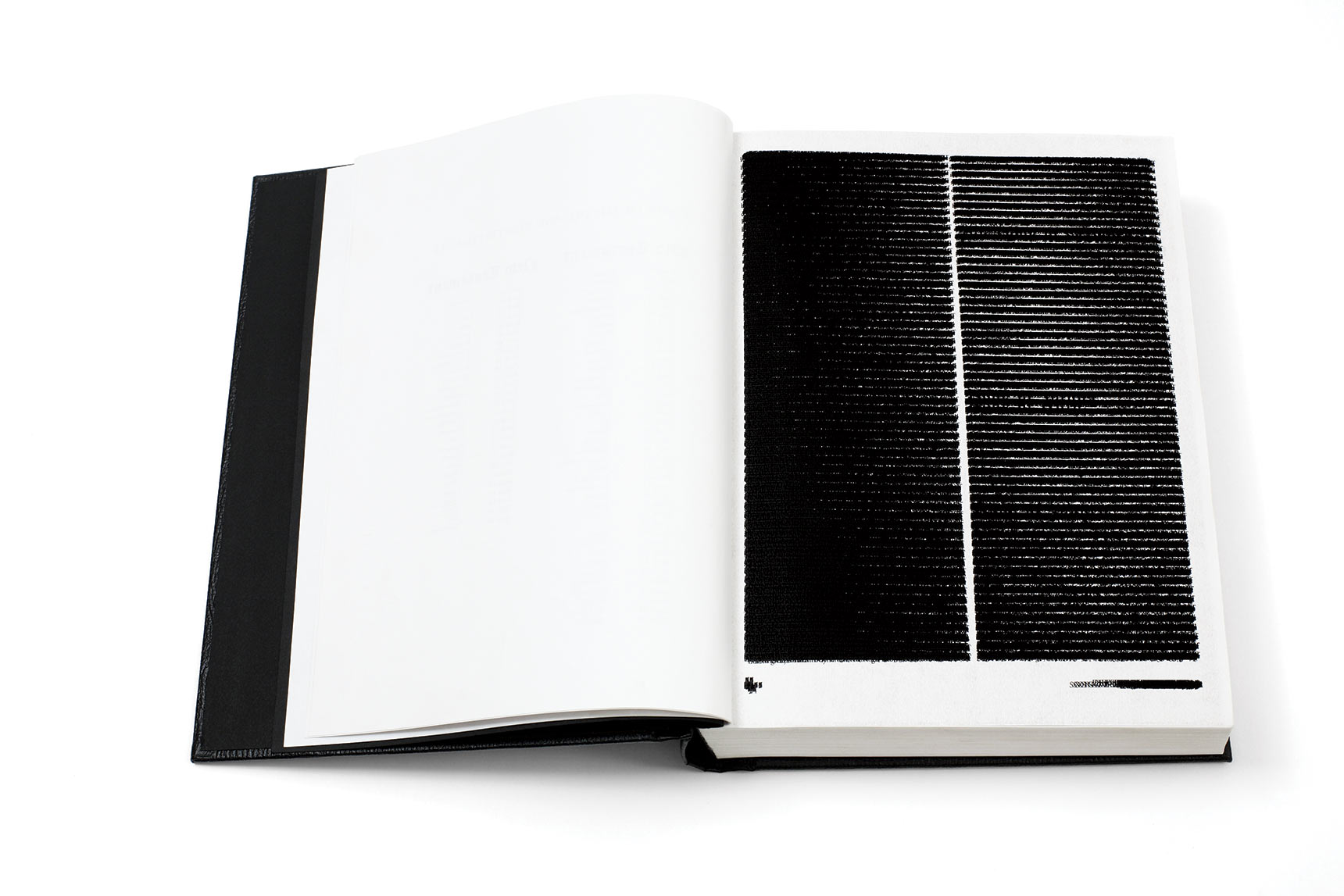 Post Typographic bible artist book, a full-sized bible with all of the text from the Old and New Testament overprinted on a single page. The remaining pages in the book are blank.