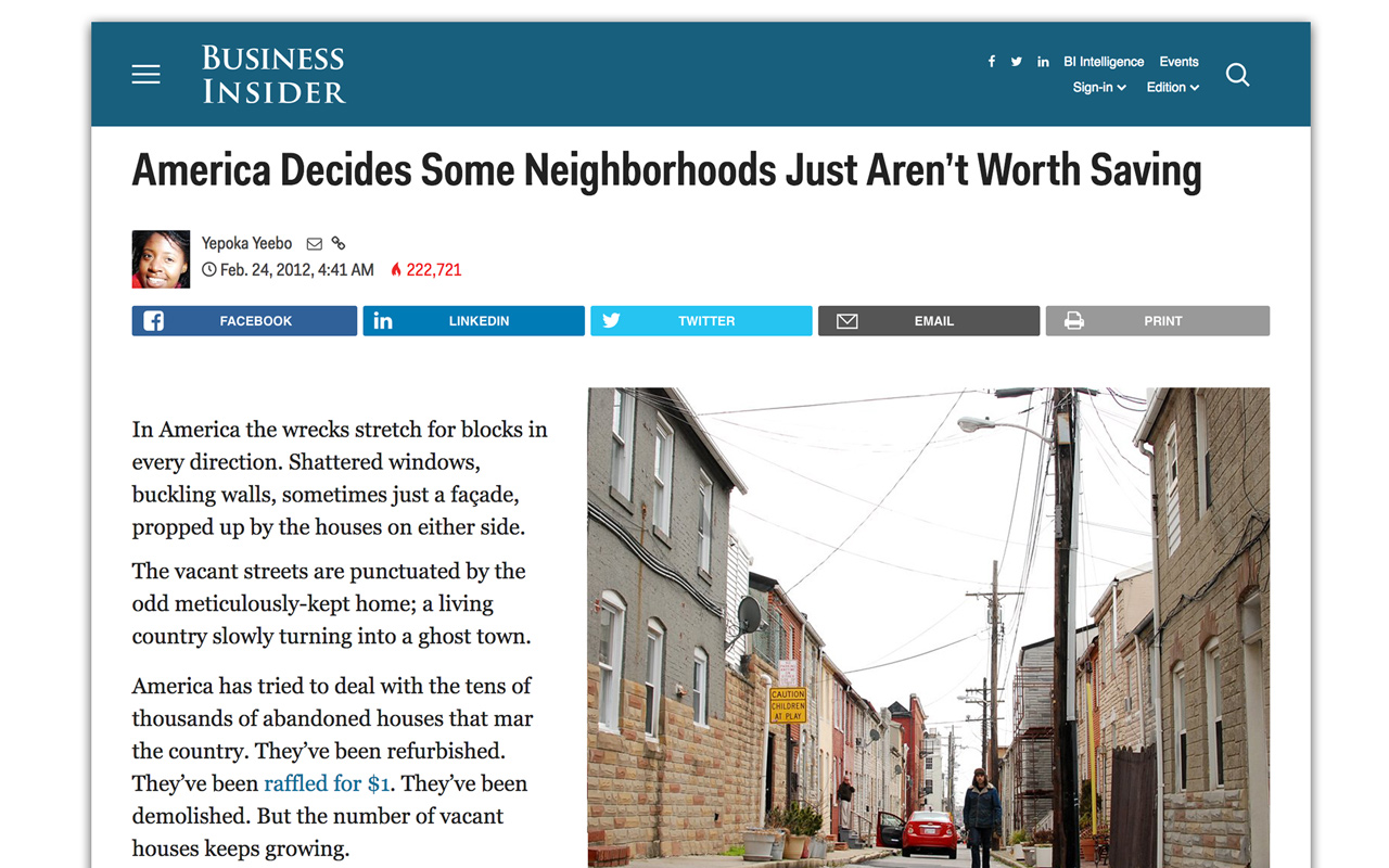 A screenshot of a news article viewed with the All, American browser extension — Business Insider: America Decides Some Neighborhoods Just Aren't Worth Saving. In America the wrecks stretch for blocks and blocks in every direction...