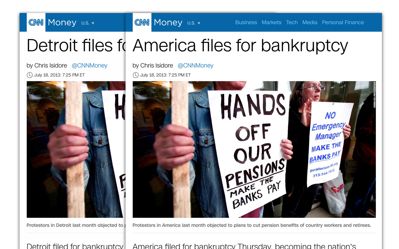 A screenshot of a news article viewed with the All, American browser extension — Detroit files for bankruptcy... America files for bankruptcy...
