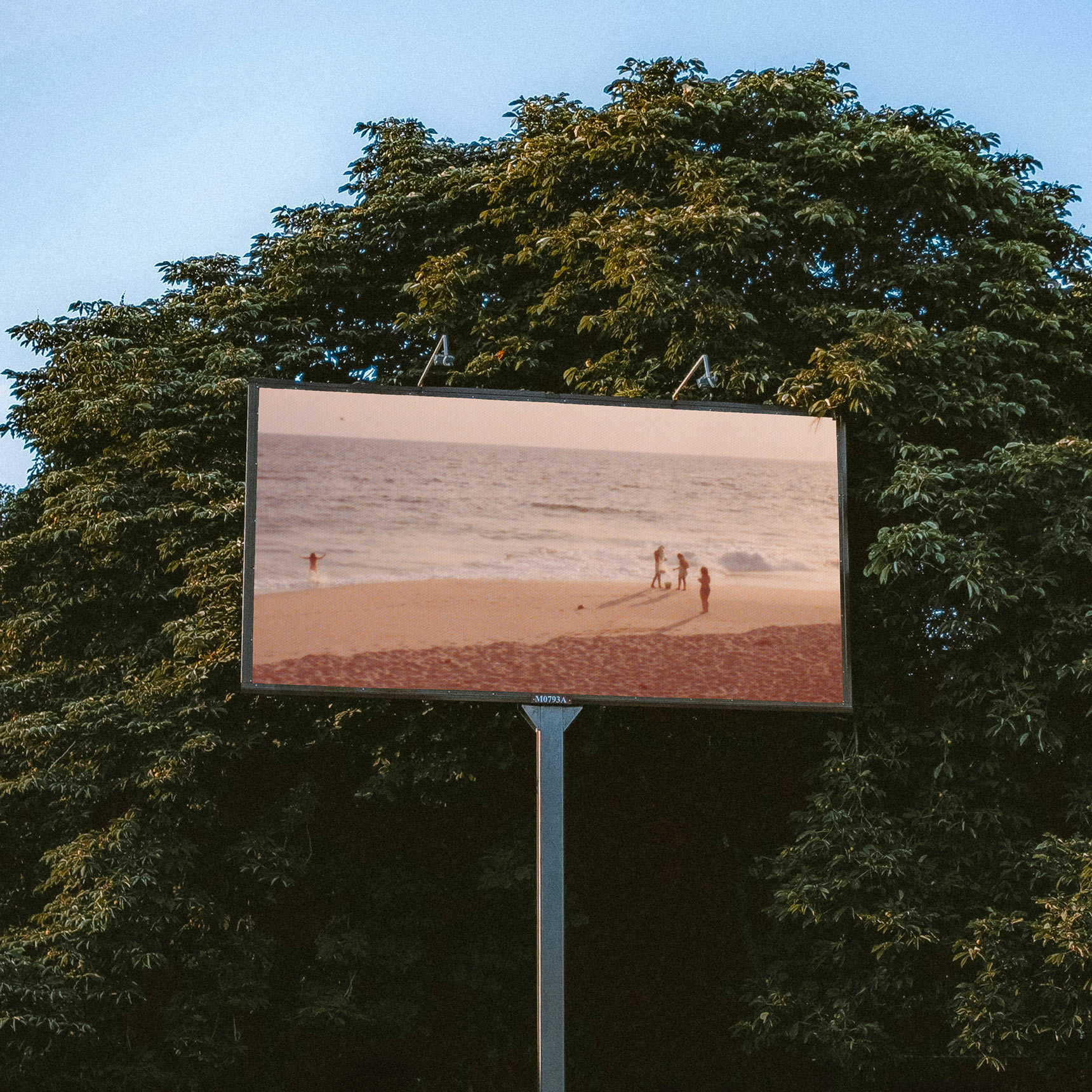 Birney-Willen, Landscapes cover artwork. Photo of a billboard in front of green leafy trees. On the billboard is a vintage photo of people on the beach in hazy sunlight.