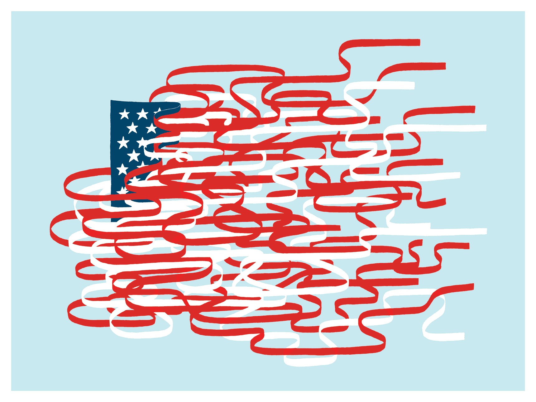 Through the Perilous Fight. A colorful screenprint of a tangled, snakelike, many-striped American flag