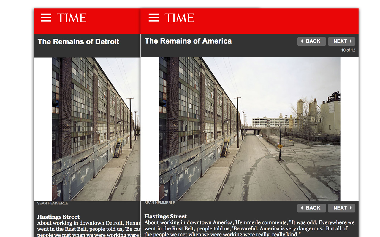 A screenshot of a news article viewed with the All, American browser extension — 'The Remains of Detroit' translated to 'The Remains of America'