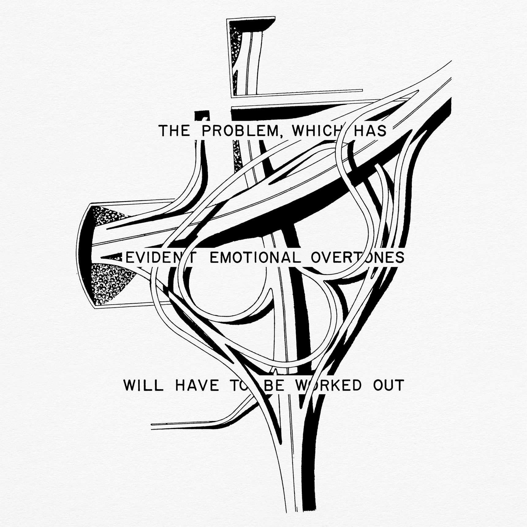 Black and white plan drawing of a highway interchange interwoven with draftsman text that reads, The problem, which has evident emotional overtones will have to be worked out