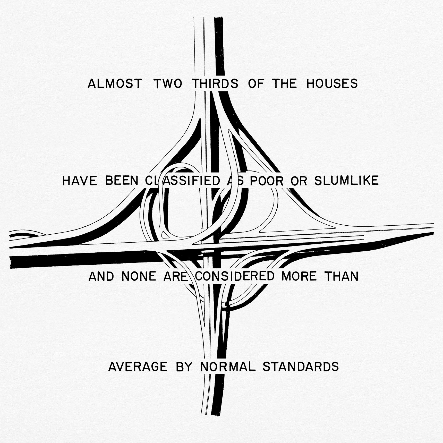 Black and white plan drawing of a highway interchange interwoven with draftsman text that reads, almost two thirds of the houses have been classified poor or slumlike and none are considered more than average by normal standards